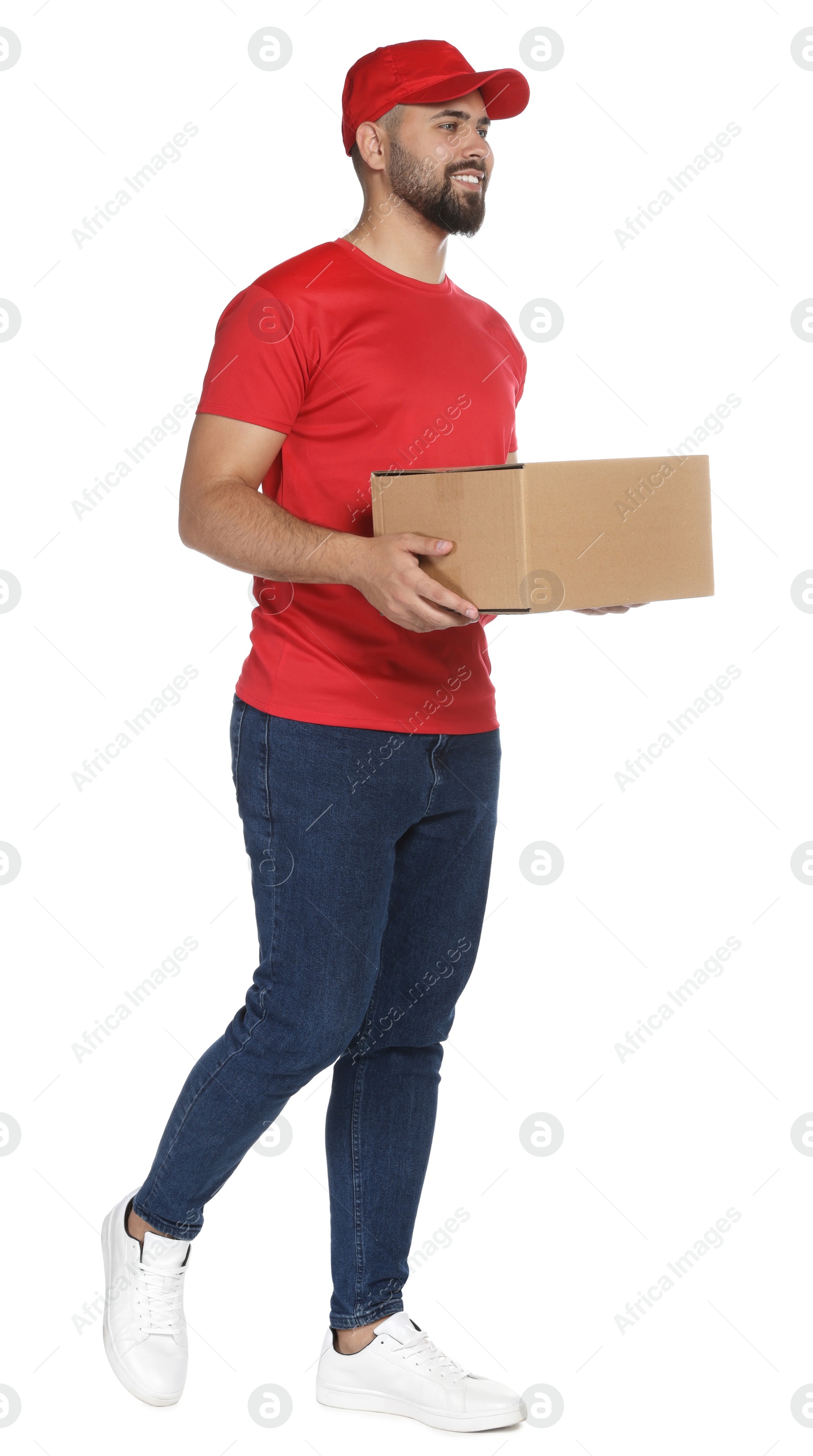 Photo of Happy young courier with cardboard box on white background