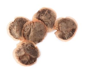 Photo of Used tea bags on white background, top view