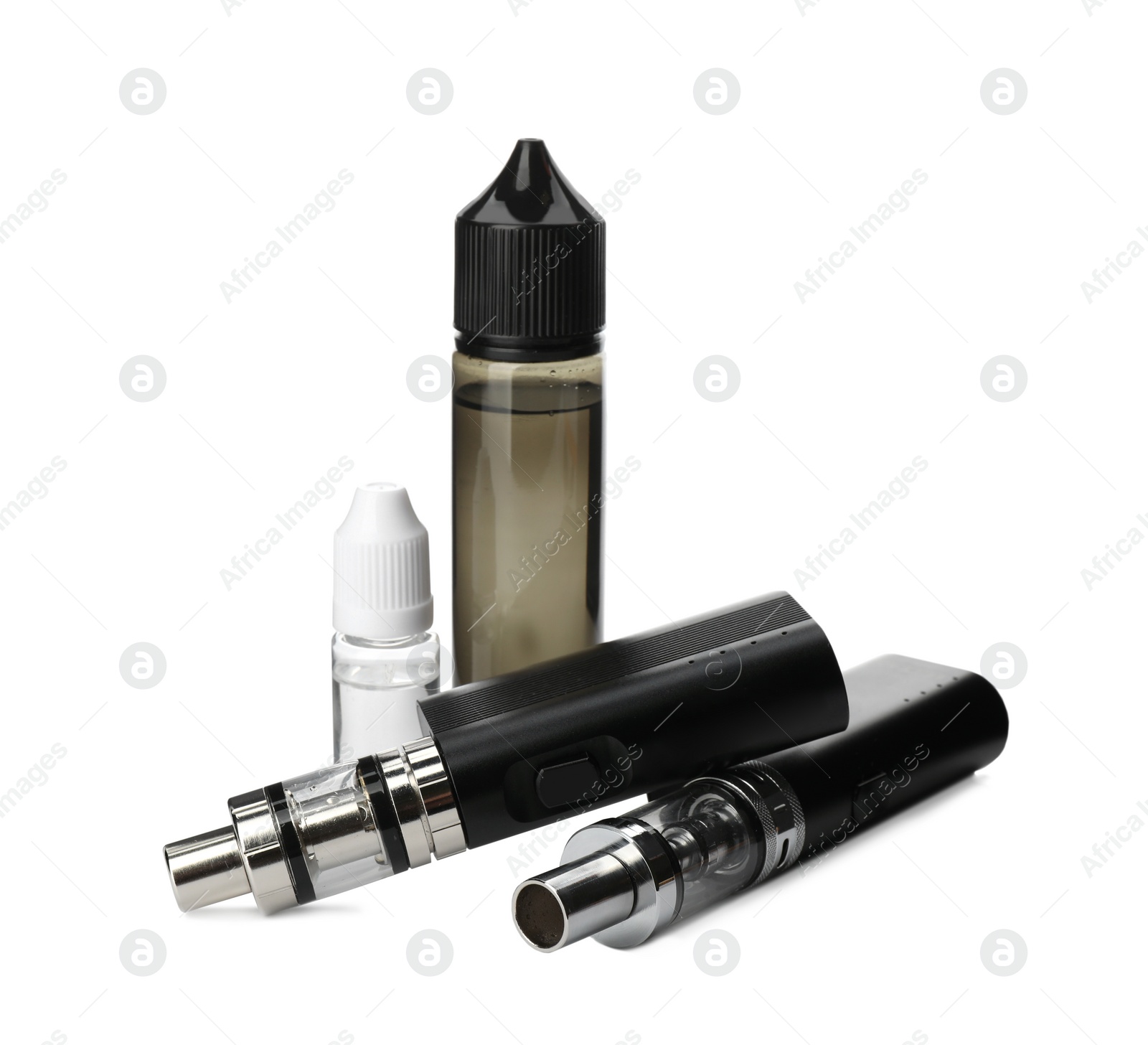 Photo of Electronic smoking devices and vaping liquid on white background