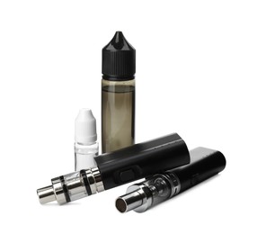 Electronic smoking devices and vaping liquid on white background