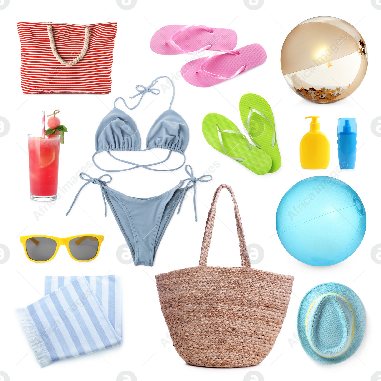 Image of Set with beach balls and other accessories on white background