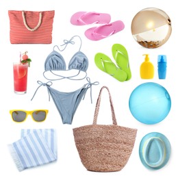 Image of Set with beach balls and other accessories on white background