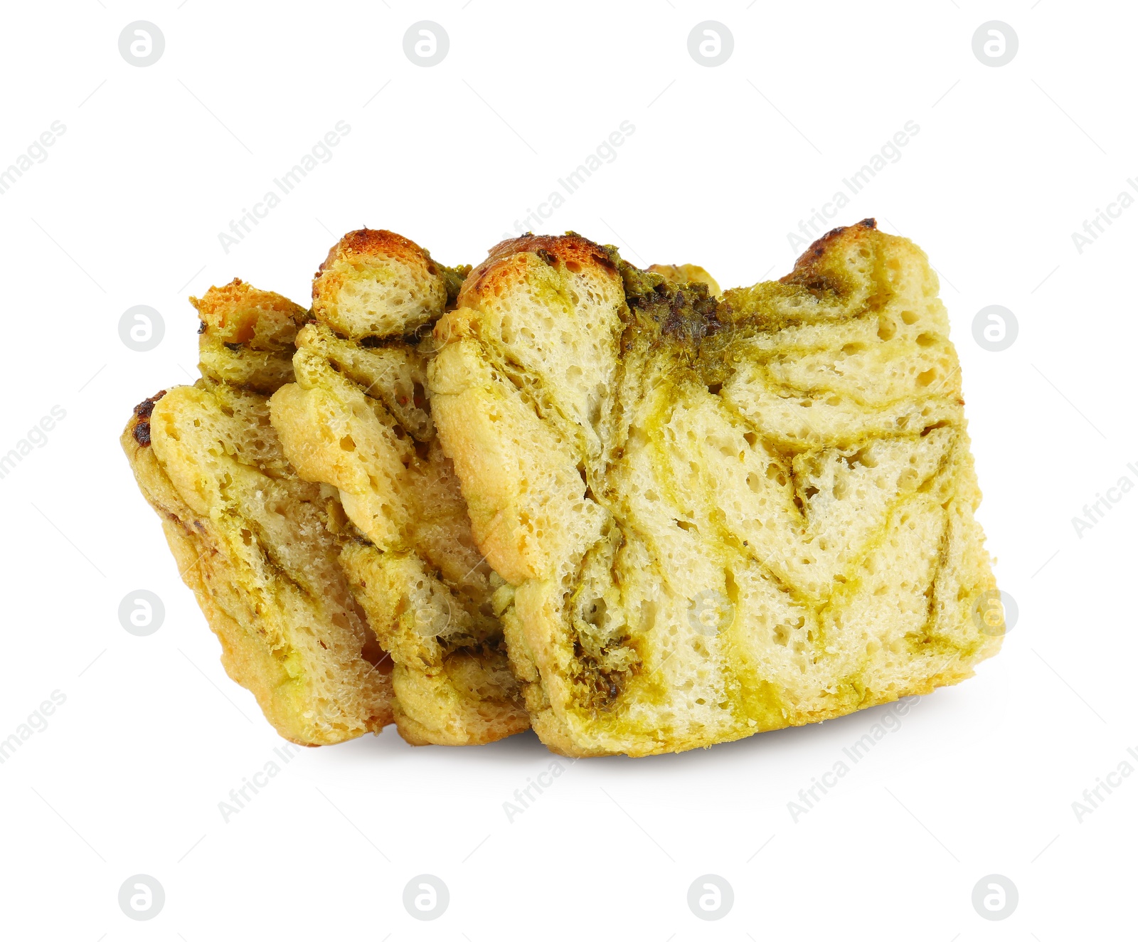 Photo of Slices of freshly baked pesto bread isolated on white