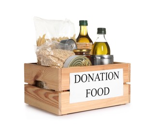Photo of Donation crate with food isolated on white