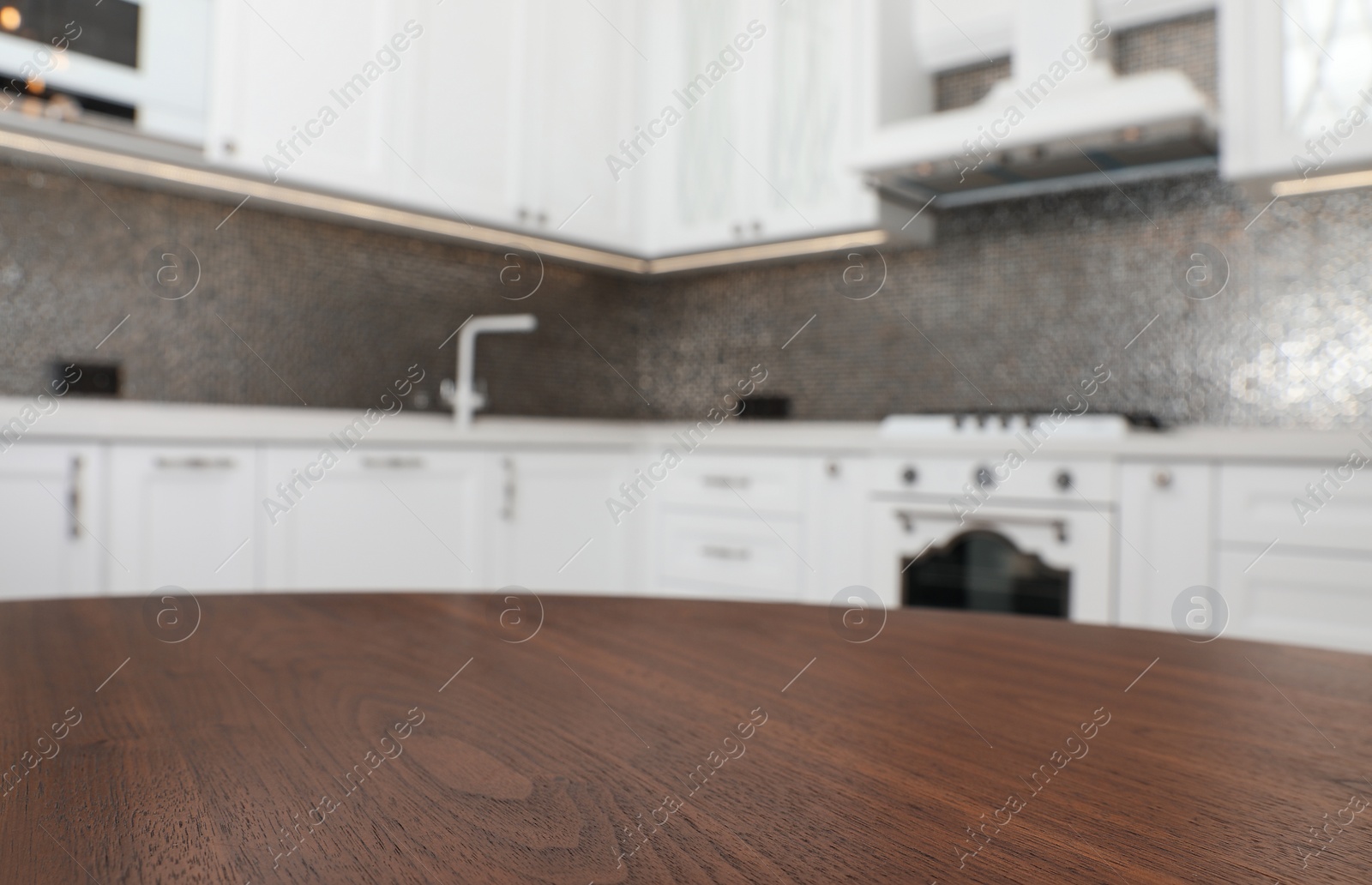 Photo of Blurred view of beautiful kitchen interior with new stylish furniture