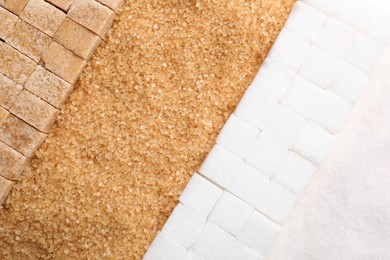 Photo of Different types of sugar as background, top view