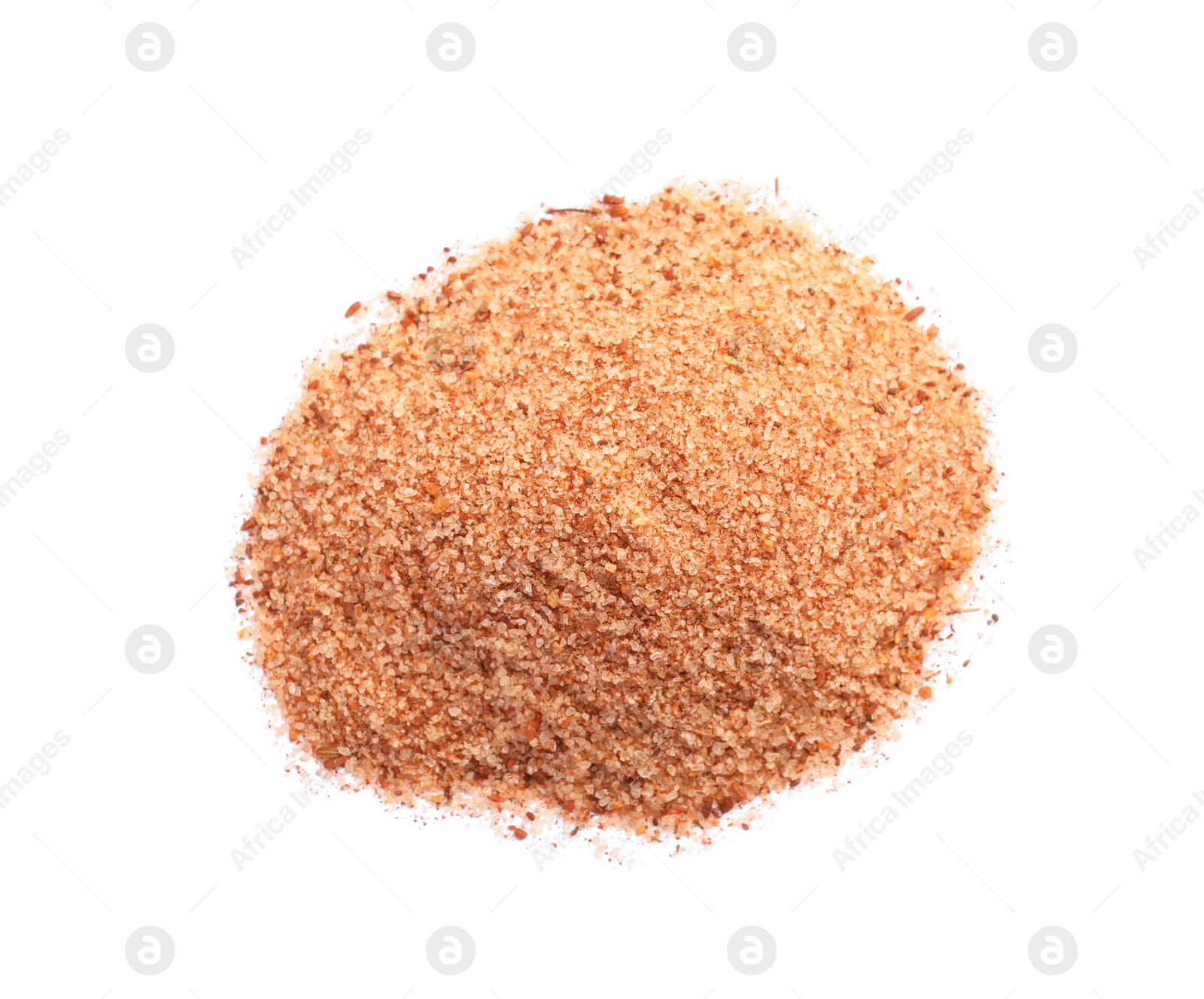 Photo of Heap of pink salt with spices on white background, top view