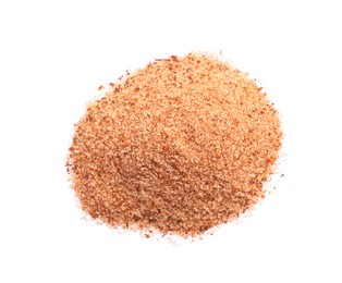 Photo of Heap of pink salt with spices on white background, top view