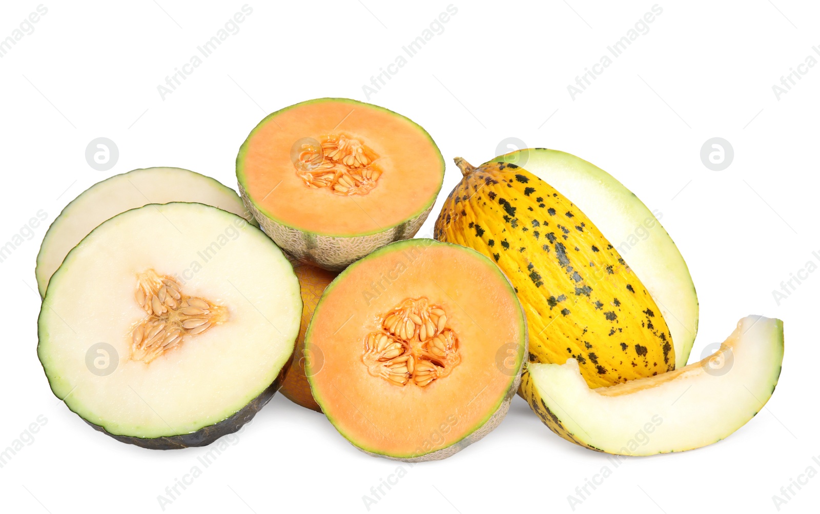 Photo of Tasty colorful ripe melons on white background