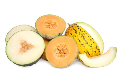 Photo of Tasty colorful ripe melons on white background