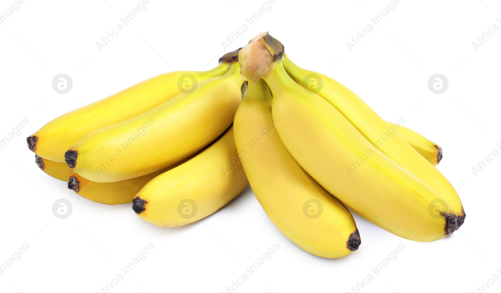 Photo of Clusters of ripe baby bananas on white background