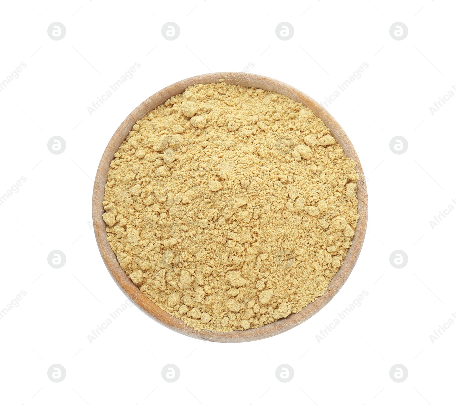 Photo of Aromatic mustard powder in wooden bowl on white background, top view