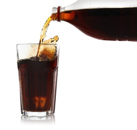 Pouring refreshing cola into glass on white background