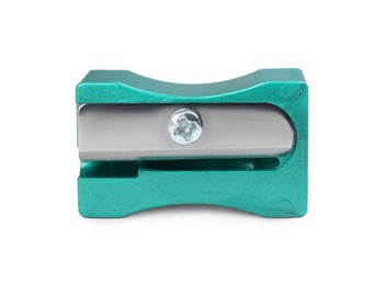 Photo of Plastic turquoise pencil sharpener isolated on white