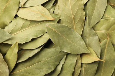 Aromatic bay leaves as background, top view