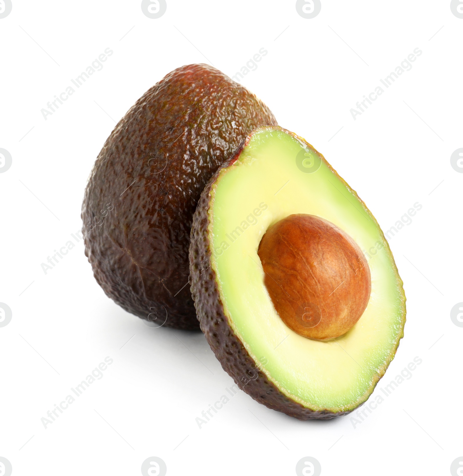 Photo of Ripe fresh avocados on white background