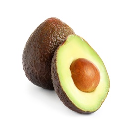 Photo of Ripe fresh avocados on white background