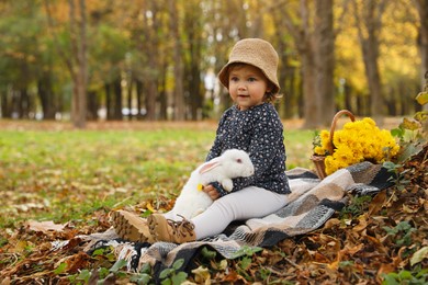 Photo of Girl with cute white rabbit in autumn park, space for text