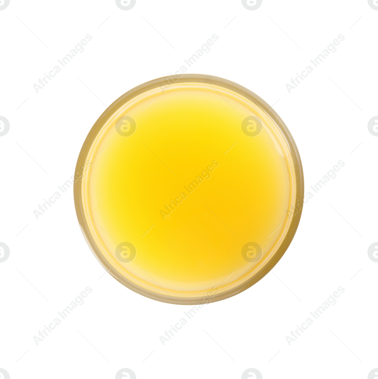 Photo of Glass of orange juice on white background, top view