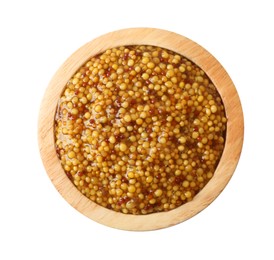 Bowl of whole grain mustard on white background, top view