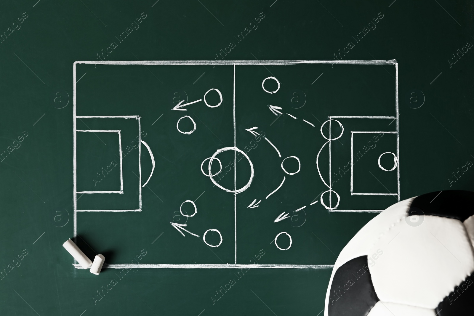 Photo of Chalkboard with football game scheme and soccer ball, top view