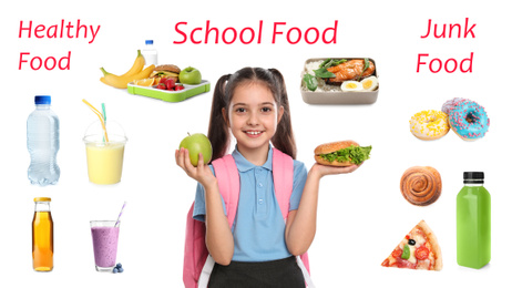 Image of Schoolgirl and different products as variants for lunch. Healthy and junk food
