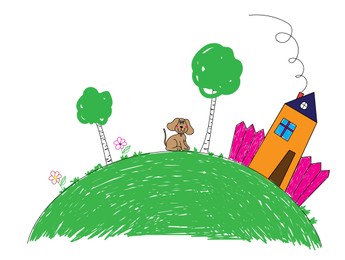 Illustration of Drawing of house, trees and cute dog. Child art