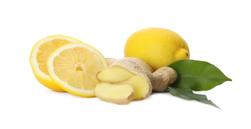 Photo of Fresh lemons and ginger on white background