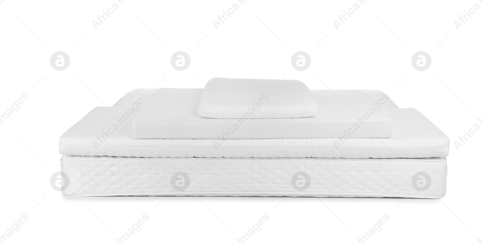 Photo of Modern comfortable orthopedic mattress pile isolated on white