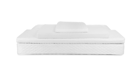 Photo of Modern comfortable orthopedic mattress pile isolated on white