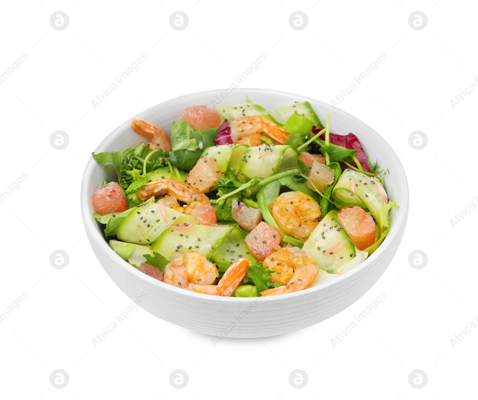 Photo of Delicious pomelo salad with shrimps in bowl on white  background