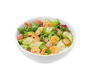 Photo of Delicious pomelo salad with shrimps in bowl on white  background