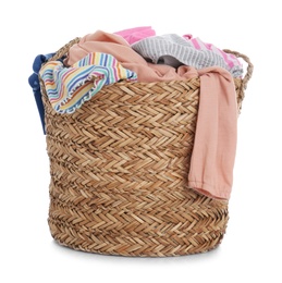 Photo of Wicker laundry basket with clothes isolated on white