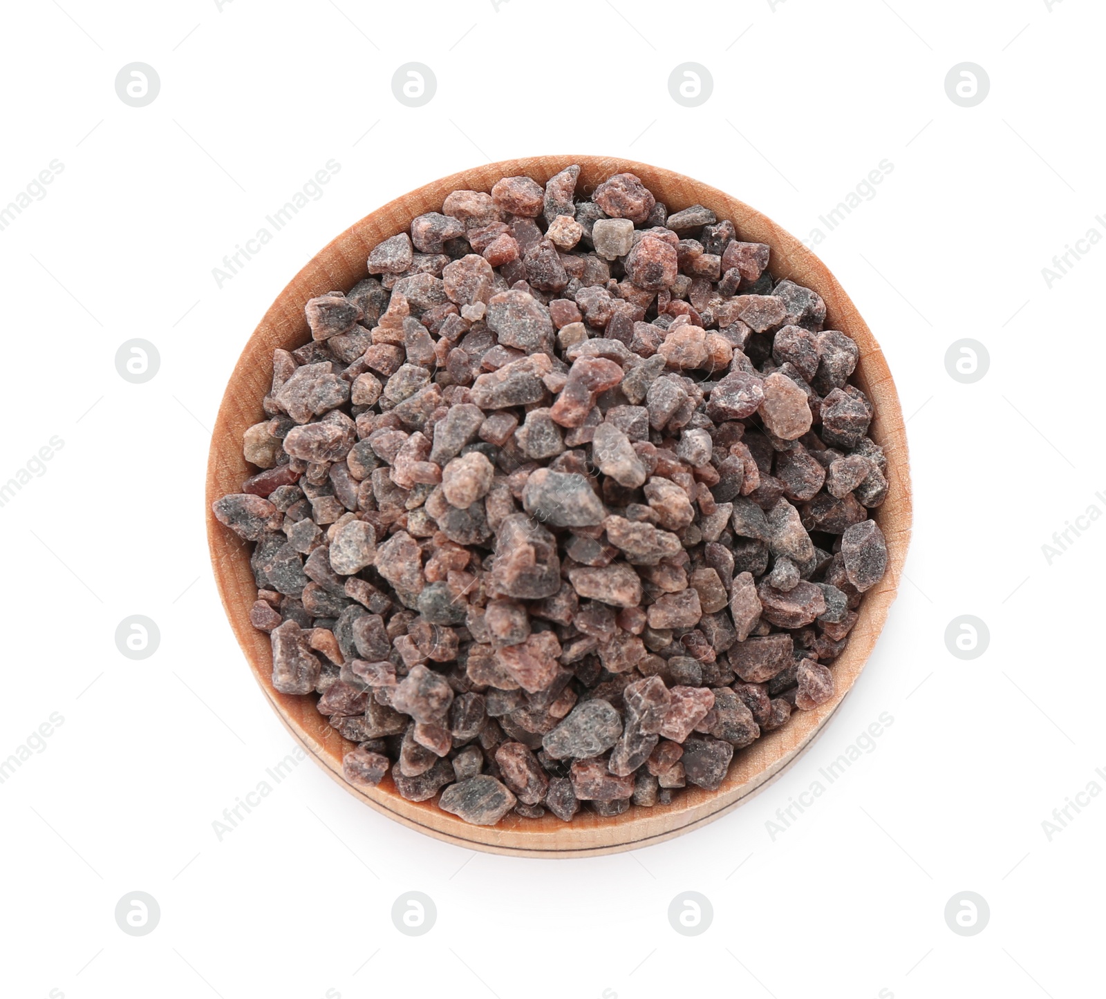 Photo of Bowl of Himalayan black salt isolated on white, top view