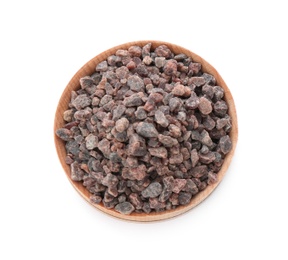 Photo of Bowl of Himalayan black salt isolated on white, top view