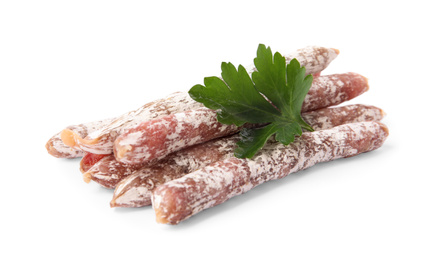 Photo of Tasty sausages on white background. Meat product