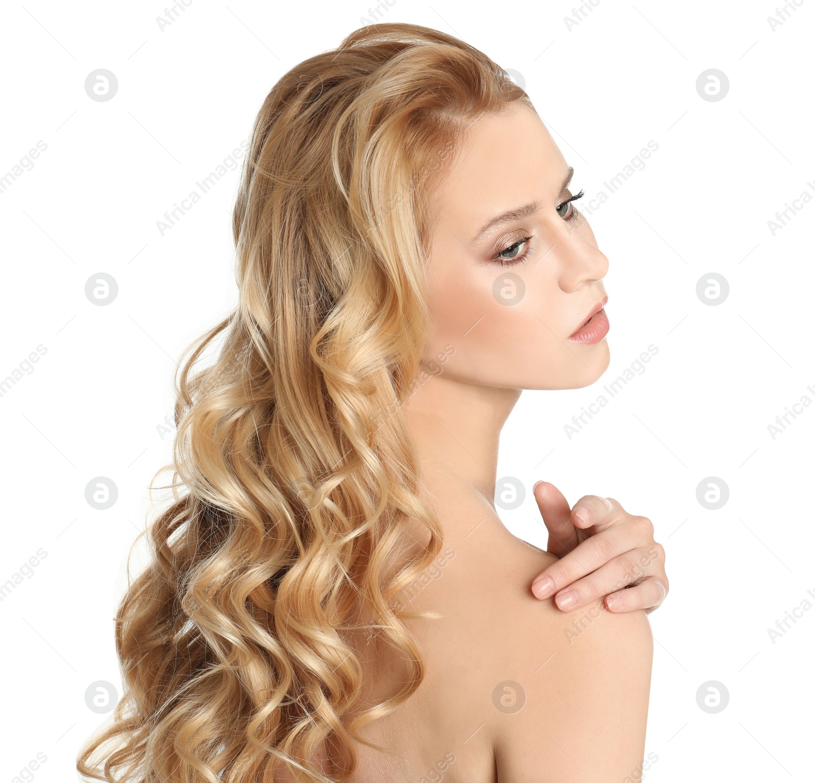 Photo of Portrait of beautiful woman with long blonde hair on white background