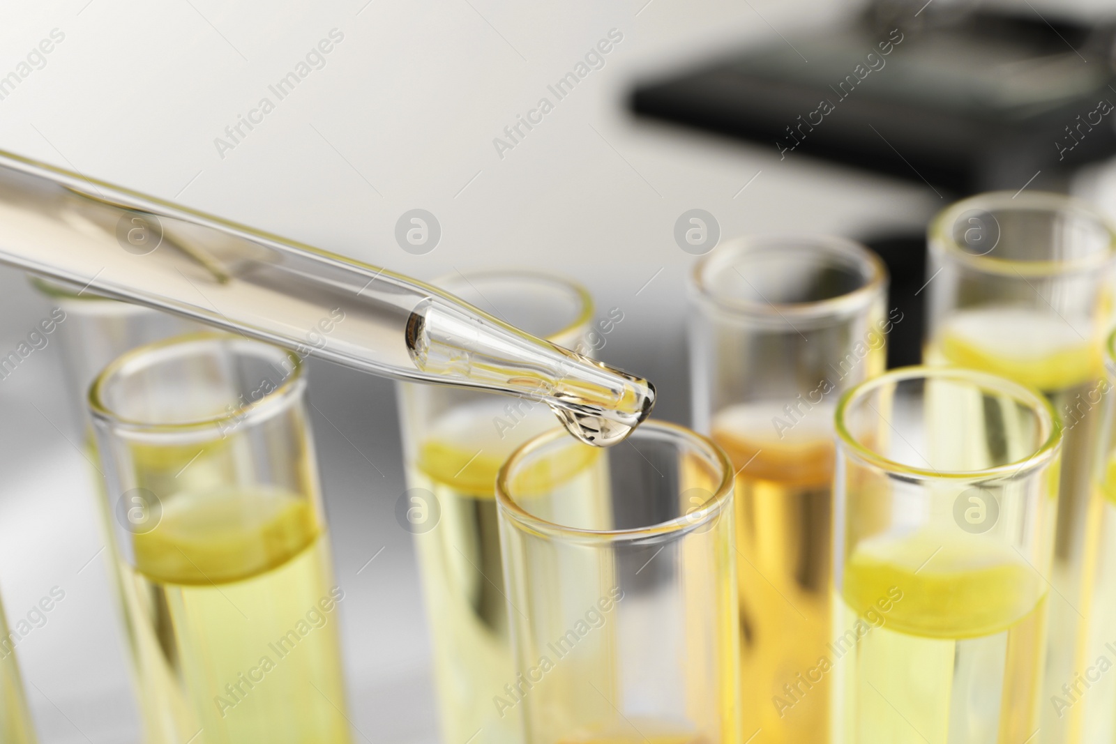 Photo of Dropping urine sample for analysis into tube, closeup