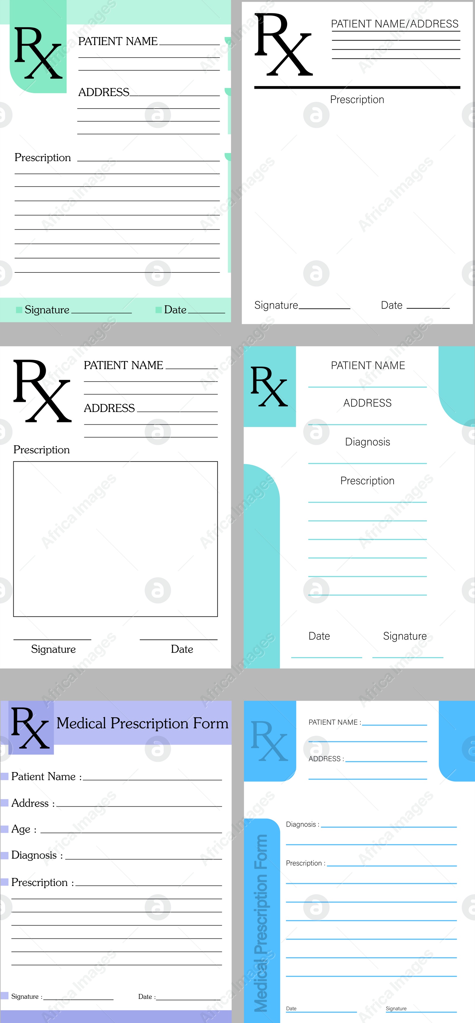 Illustration of Collage with different medical prescription forms on grey background