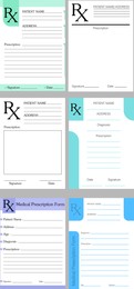 Collage with different medical prescription forms on grey background