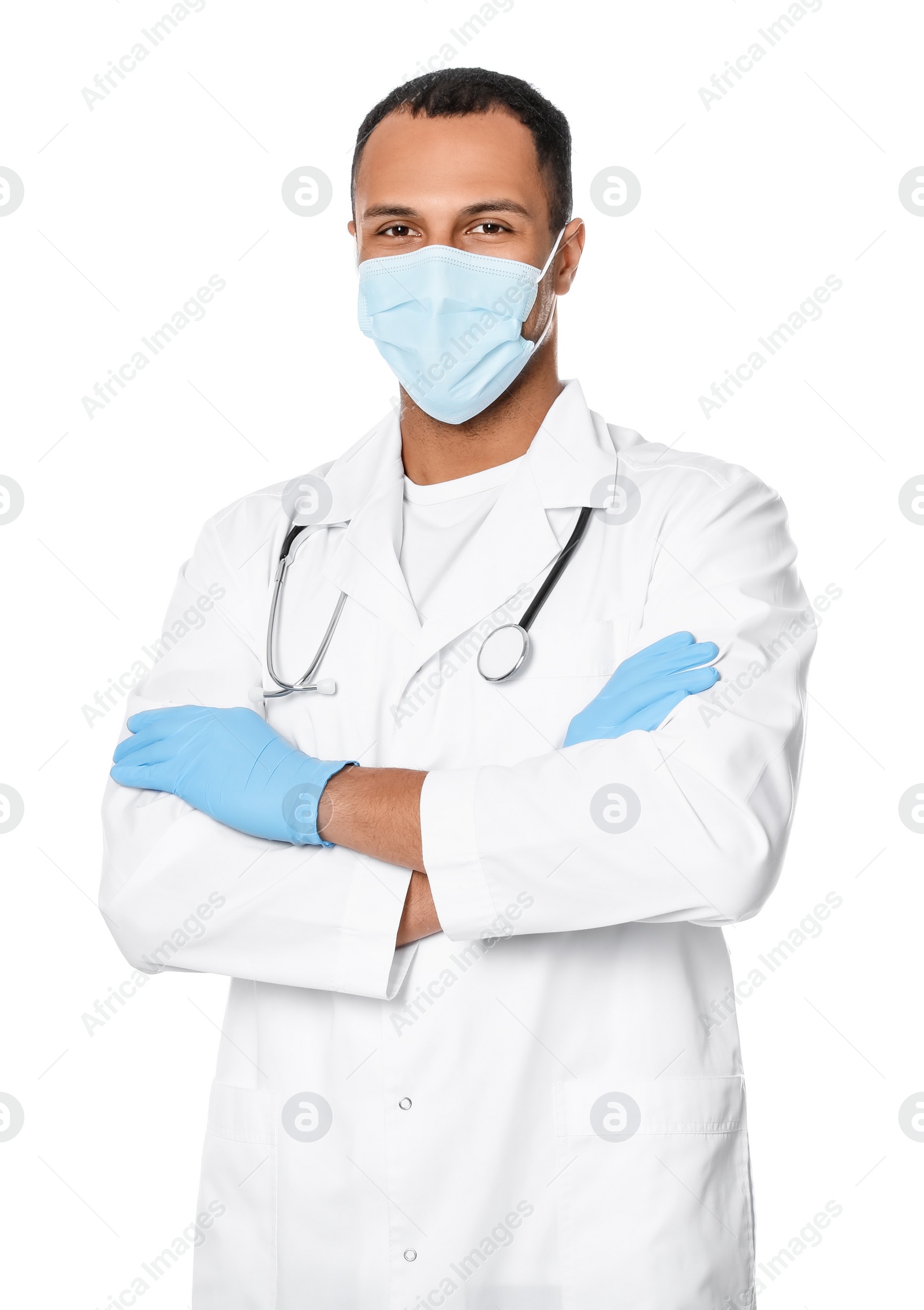 Photo of Doctor or medical assistant (male nurse) with protective mask and stethoscope on white background