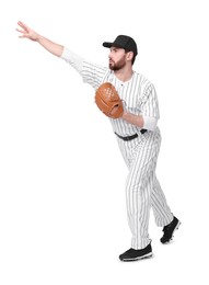 Photo of Baseball player with leather glove on white background