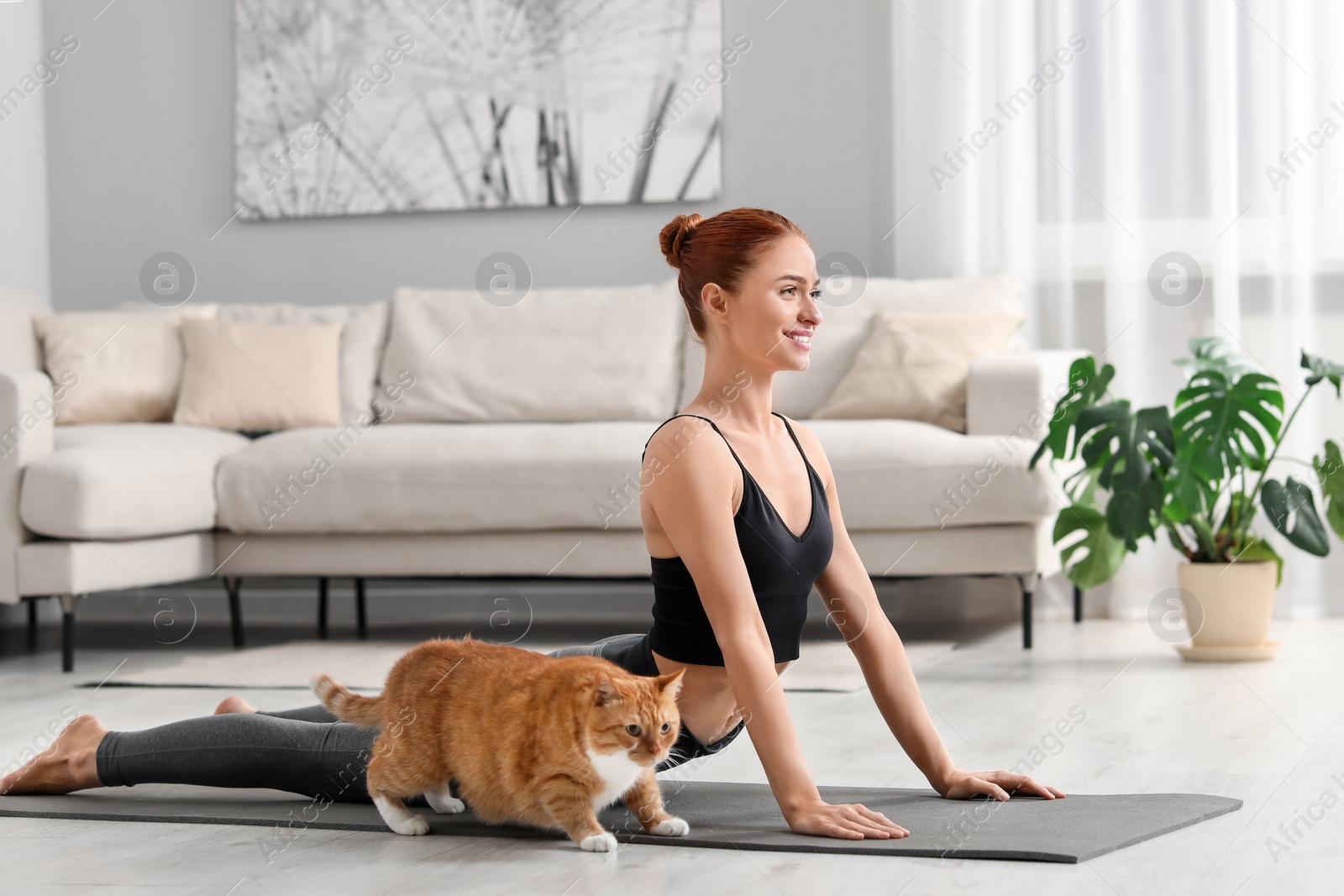 Photo of Beautiful woman with cute red cat practicing yoga on mat at home