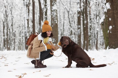 Woman with adorable Labrador Retriever dog in snowy park