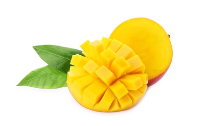 Photo of Cut ripe mangoes isolated on white. Exotic fruit