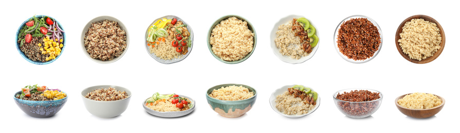 Set of different healthy dishes with quinoa on white background. Banner design 
