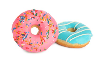 Sweet tasty glazed donuts on white background