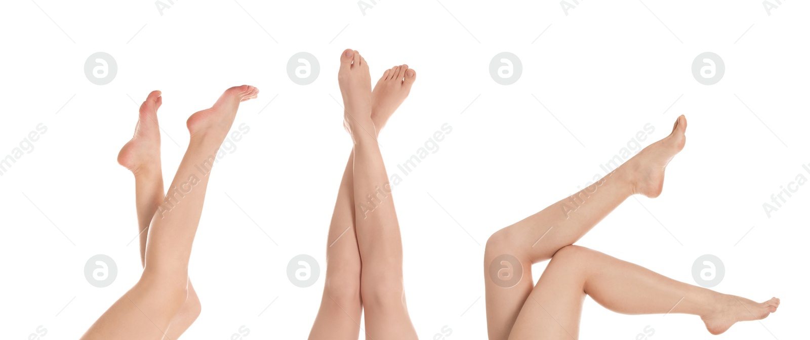 Image of Collage with photos of young woman after epilation on white background, closeup. Banner design