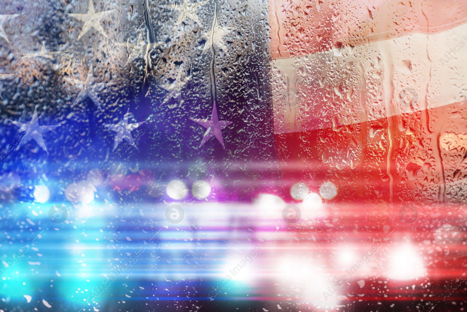 Image of Double exposure of American flag and police cars on street at night