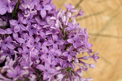 Photo of Beautiful lilac flowers on blurred background, top view
